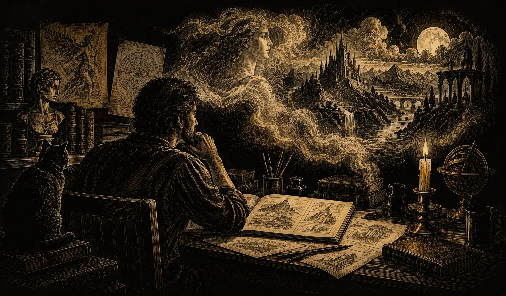 A writer at a candlelit desk imagines a spectral muse and a distant fantastical landscape