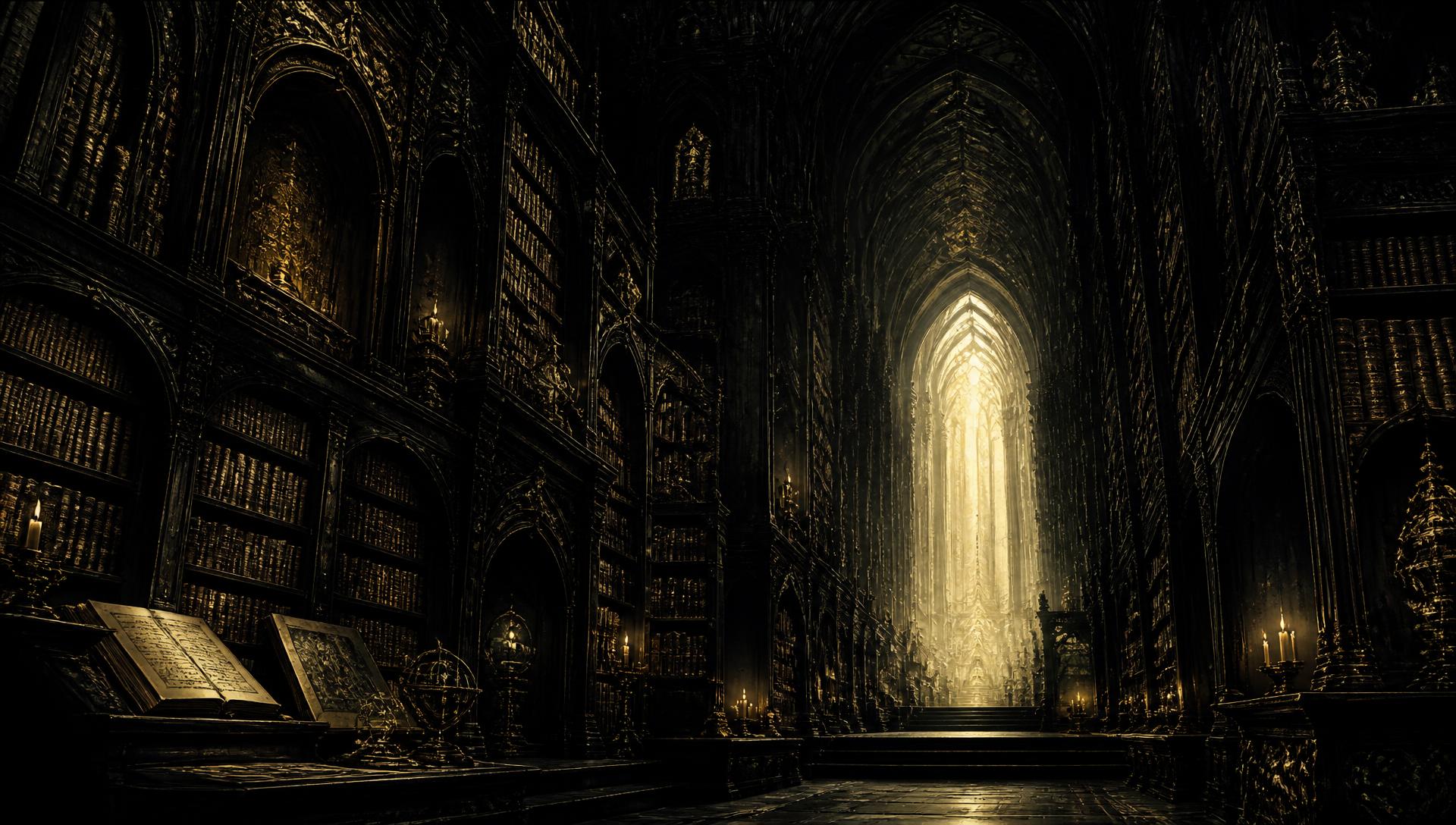 A vast gothic library dissolving into darkness, lit by a distant shaft of golden light