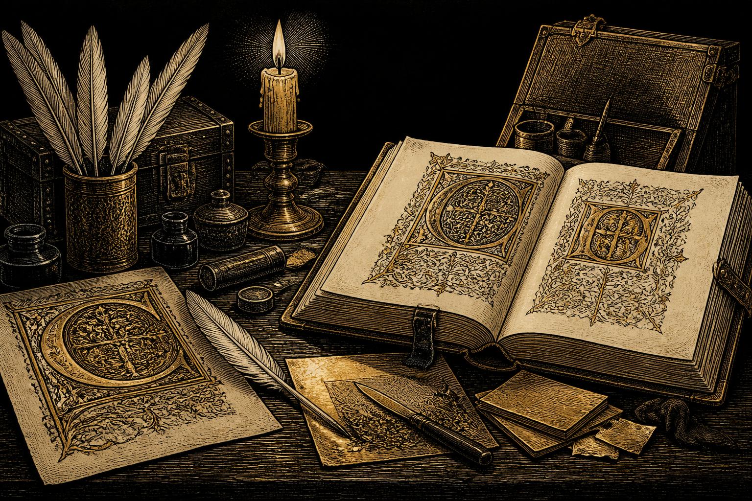 A scriptorium desk with illuminated manuscript pages, quills and gold leaf